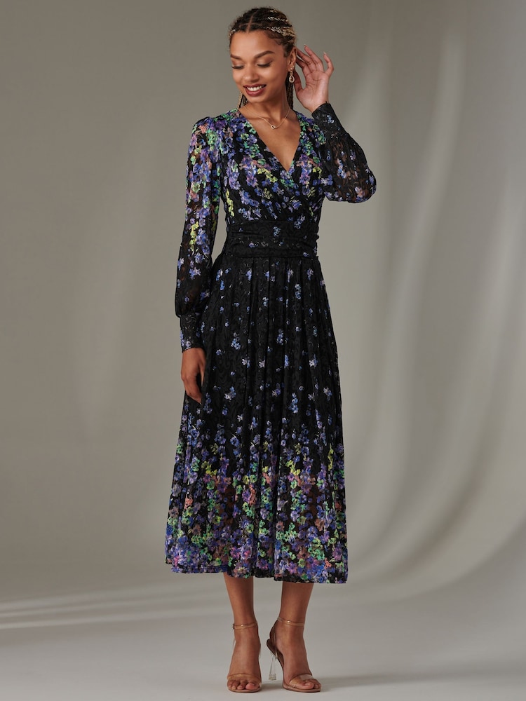 Jolie Moi Blue Dalia Symmetrical Print Lace Maxi Dress - Image 5 of 6