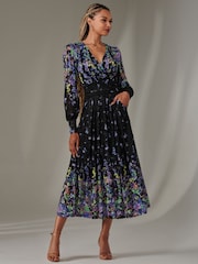 Jolie Moi Blue Dalia Symmetrical Print Lace Maxi Dress - Image 6 of 6