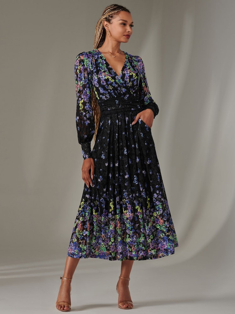 Jolie Moi Blue Dalia Symmetrical Print Lace Maxi Dress - Image 6 of 6