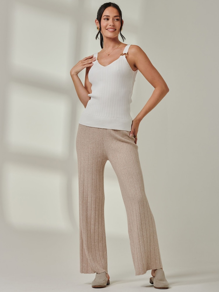 Jolie Moi Brown Knitted Ribbed Wide Leg Trousers - Image 1 of 6
