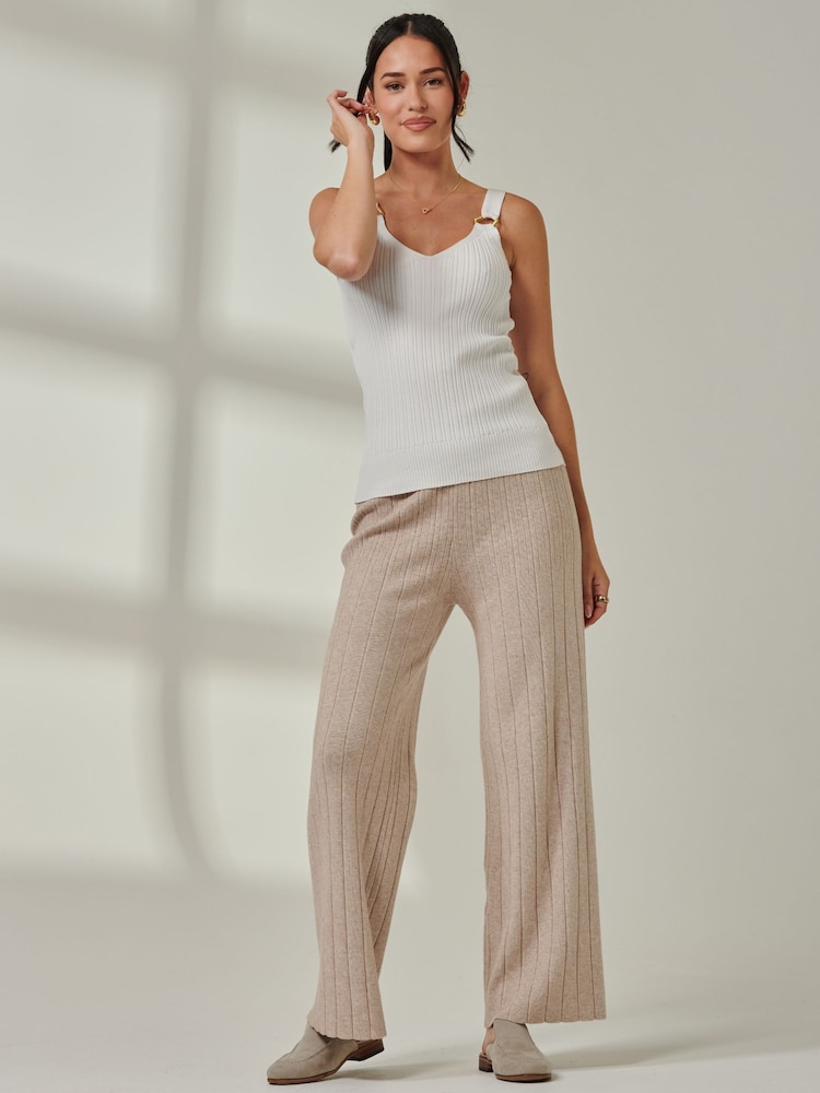 Jolie Moi Brown Knitted Ribbed Wide Leg Trousers - Image 6 of 6