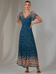 Jolie Moi Dark Blue Gina Mirrored Print Mesh Maxi Dress - Image 1 of 7