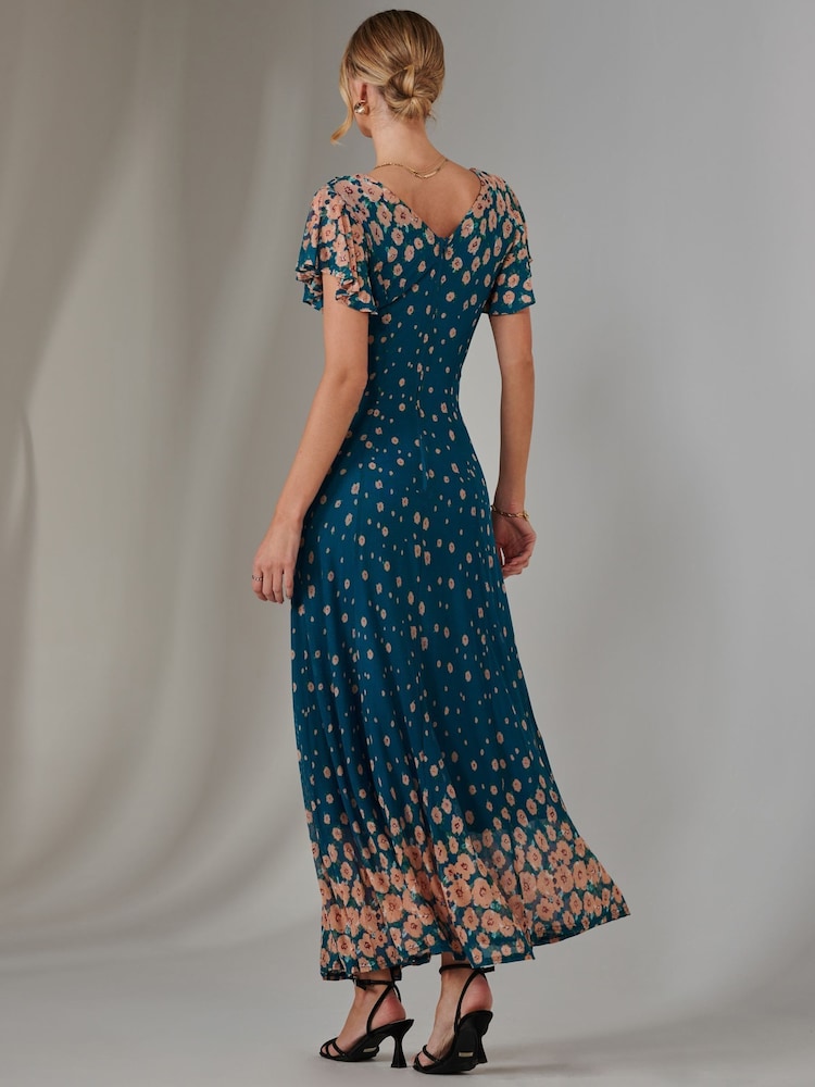 Jolie Moi Dark Blue Gina Mirrored Print Mesh Maxi Dress - Image 2 of 7