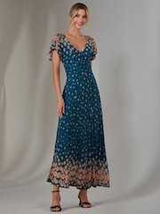 Jolie Moi Dark Blue Gina Mirrored Print Mesh Maxi Dress - Image 3 of 7