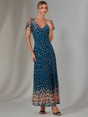 Jolie Moi Dark Blue Gina Mirrored Print Mesh Maxi Dress - Image 4 of 7