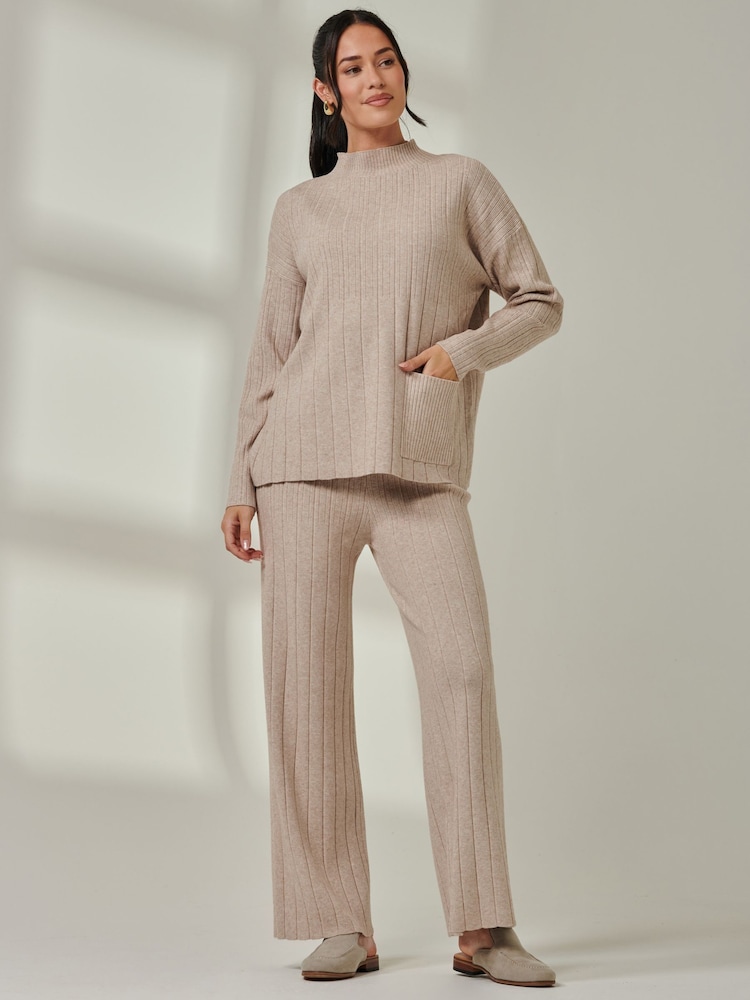 Jolie Moi Brown Knitted Ribbed Mockneck Jumper - Image 1 of 6
