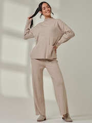 Jolie Moi Brown Knitted Ribbed Mockneck Jumper - Image 6 of 6
