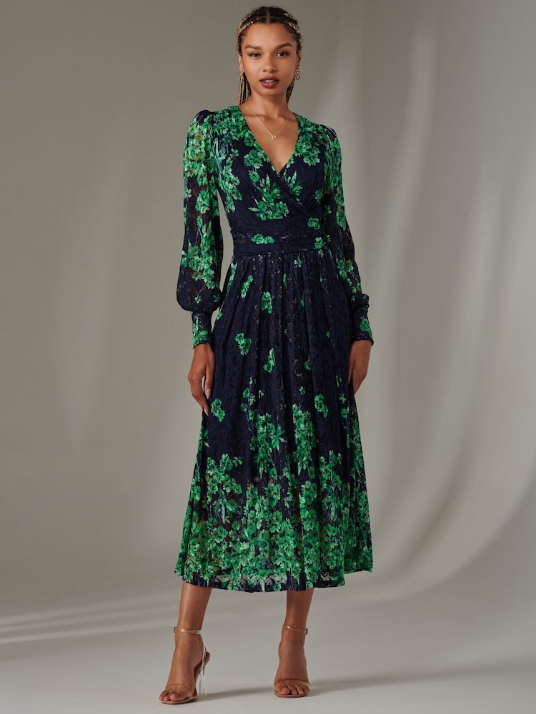 Jolie Moi Green Dalia Symmetrical Print Lace Maxi Dress - Image 1 of 6