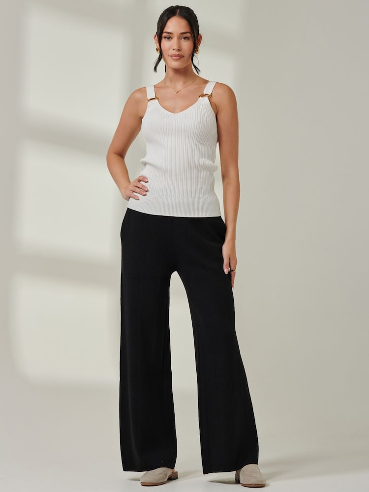Jolie Moi Black Ribbed Knit Flared Pants - Image 1 of 6