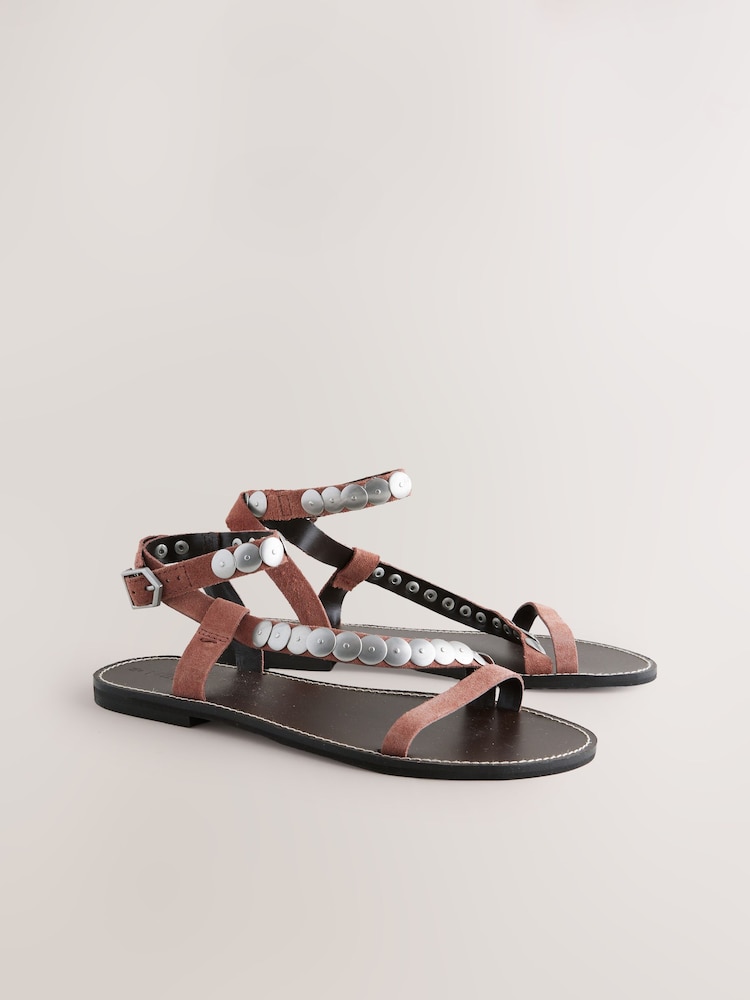 Pink Suede Shield Studded Wrap Sandals - Image 7 of 10