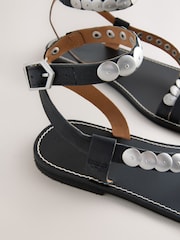 Black Leather Shield Studded Wrap Sandals - Image 10 of 11