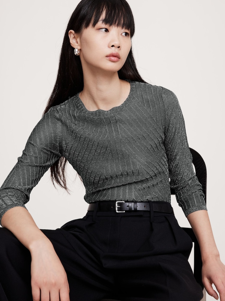 Banana Republic Black Metallic Ribbed Long Sleeve Top - Image 1 of 4