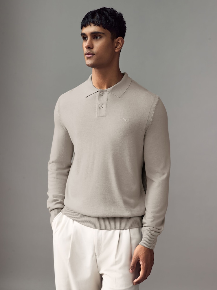 BOSS Natural Wool Blend Embroidered Logo Long Sleeve Knitted Polo Shirt - Image 1 of 1 BOSS Natural Wool Blend Embroidered Logo Long Sleeve Knitted Polo Shirt - Image 1 of 1