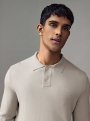BOSS Natural Wool Blend Embroidered Logo Long Sleeve Knitted Polo Shirt - Image 3 of 4