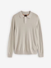 BOSS Natural Wool Blend Embroidered Logo Long Sleeve Knitted Polo Shirt - Image 4 of 4