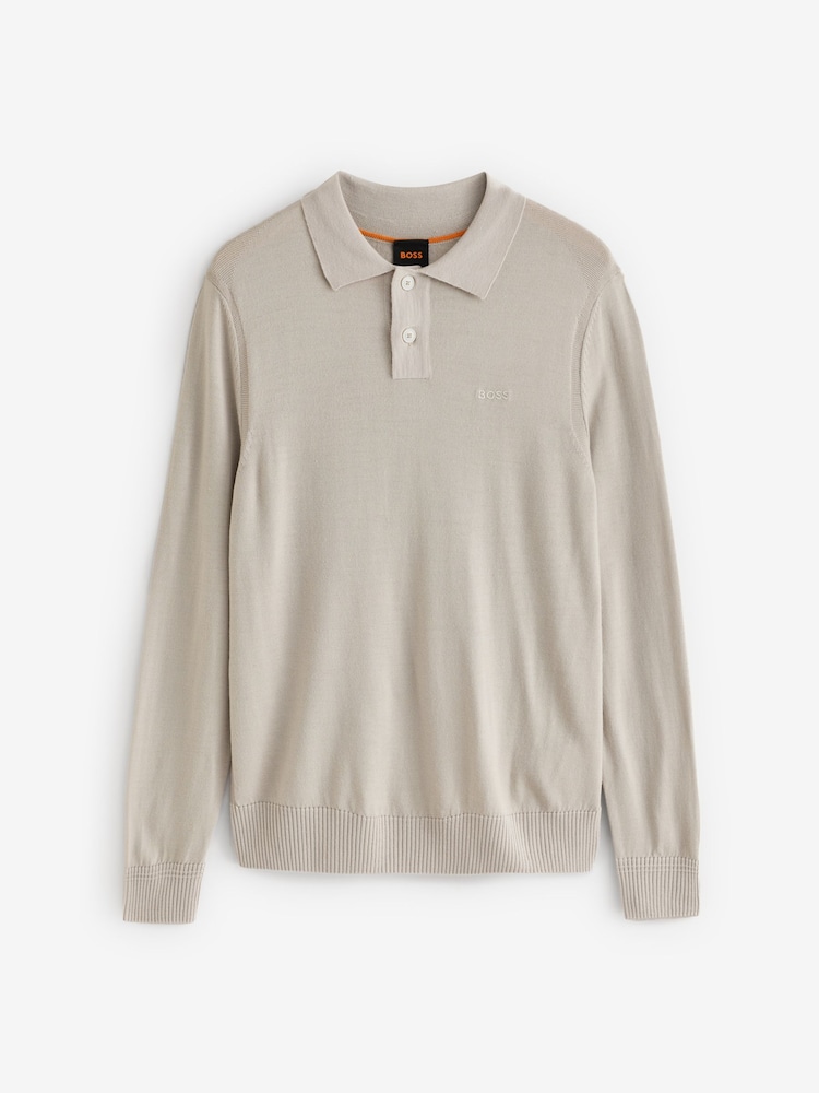 BOSS Natural Wool Blend Embroidered Logo Long Sleeve Knitted Polo Shirt - Image 4 of 4