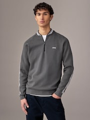 BOSS Grey Tape Quarter Zip Contrast Neck Stretch Knit 100% Cotton Jumper - Image 1 of 4