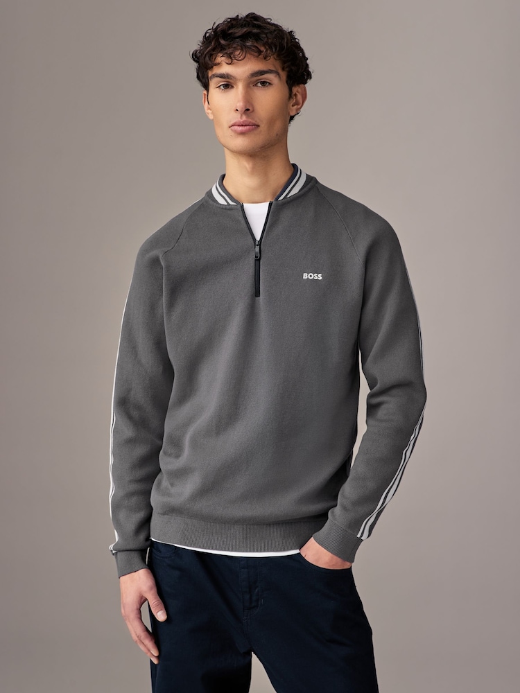 BOSS Grey Tape Quarter Zip Contrast Neck Stretch Knit 100% Cotton Jumper - Image 1 of 4