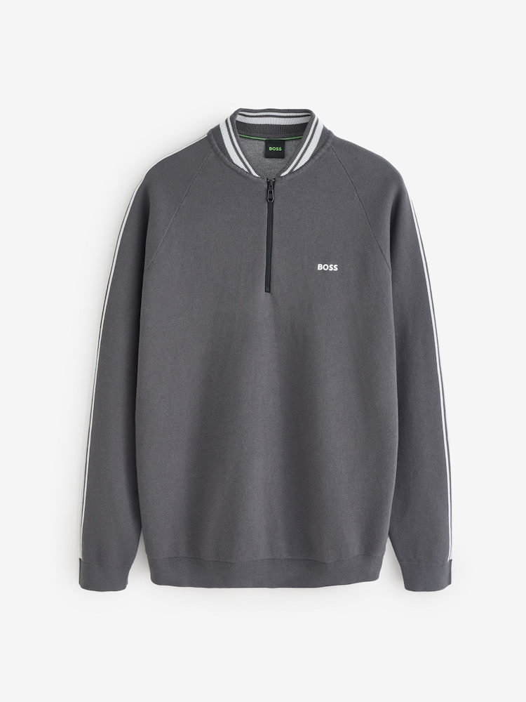 BOSS Grey Tape Quarter Zip Contrast Neck Stretch Knit 100% Cotton Jumper - Image 4 of 4