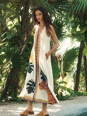 Tropical Leopard Placement Print Halterneck Maxi Dress With Linen - Image 1 of 8
