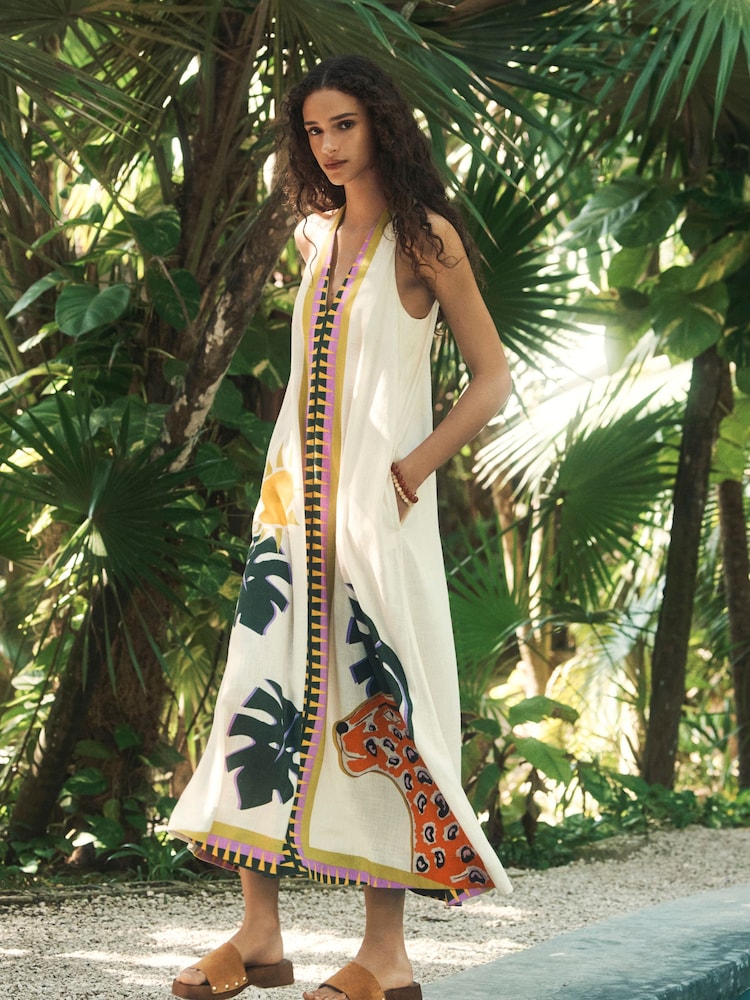 Tropical Leopard Placement Print Halterneck Maxi Dress With Linen - Image 1 of 8