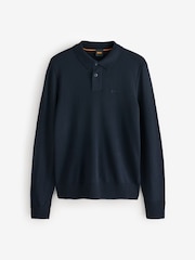 BOSS Blue Wool Blend Embroidered Logo Long Sleeve Knitted Polo Shirt - Image 1 of 1