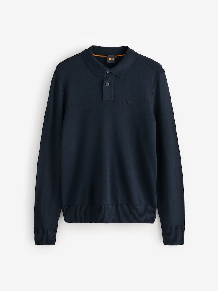 BOSS Blue Wool Blend Embroidered Logo Long Sleeve Knitted Polo Shirt - Image 1 of 1