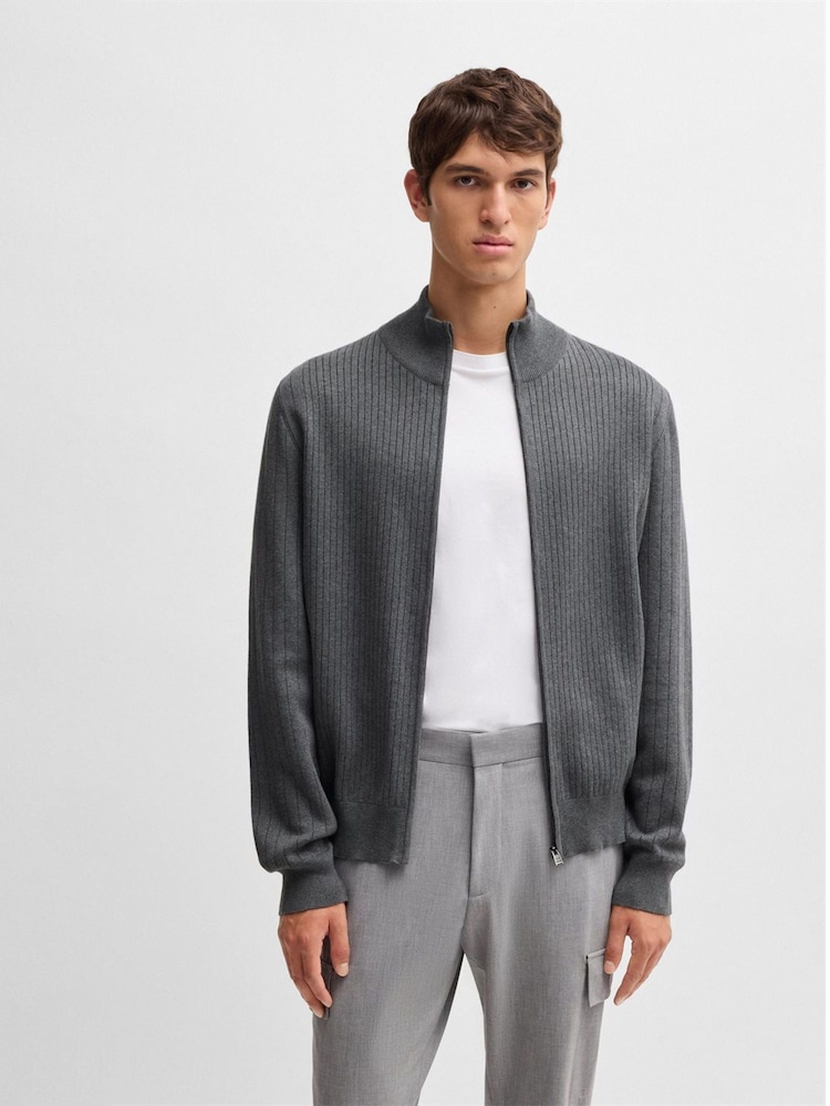 BOSS Grey Knitted Pinstripes Zip-Up 100% Cotton Cardigan - Image 1 of 7 BOSS Grey Knitted Pinstripes Zip-Up 100% Cotton Cardigan - Image 1 of 7