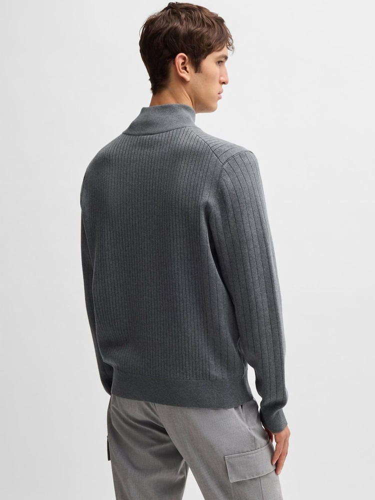 BOSS Grey Knitted Pinstripes Zip-Up 100% Cotton Cardigan - Image 2 of 7 BOSS Grey Knitted Pinstripes Zip-Up 100% Cotton Cardigan - Image 2 of 7