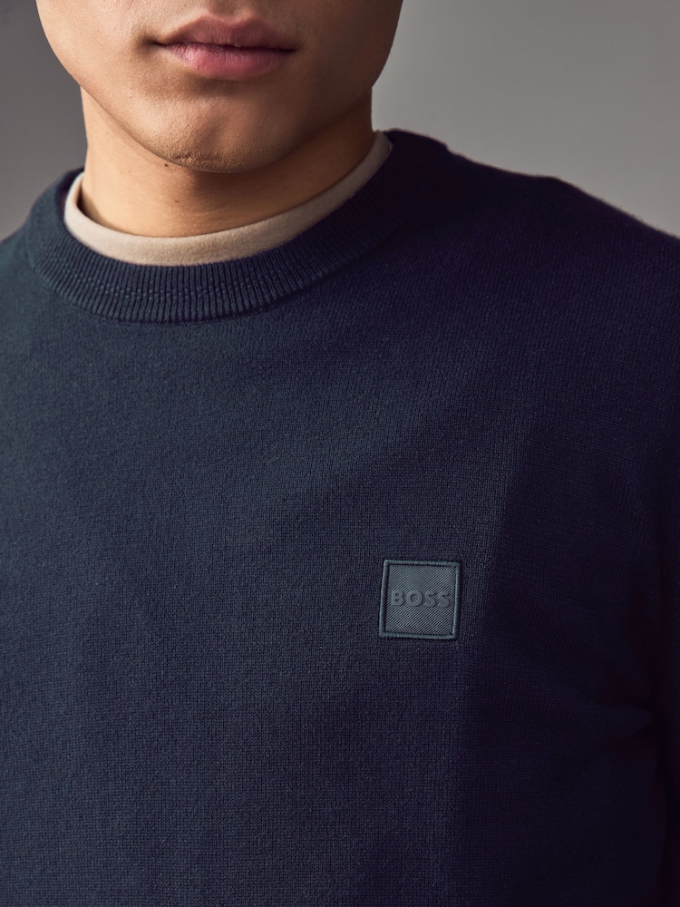 BOSS Blue Regular Fit Logo Patch Jumper with Cashmere - Image 3 of 4