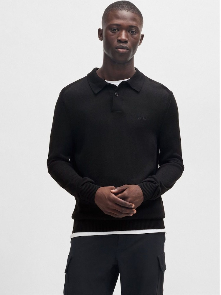 BOSS Black Wool Blend Embroidered Logo Long Sleeve Knitted Polo Shirt - Image 1 of 1 BOSS Black Wool Blend Embroidered Logo Long Sleeve Knitted Polo Shirt - Image 1 of 1