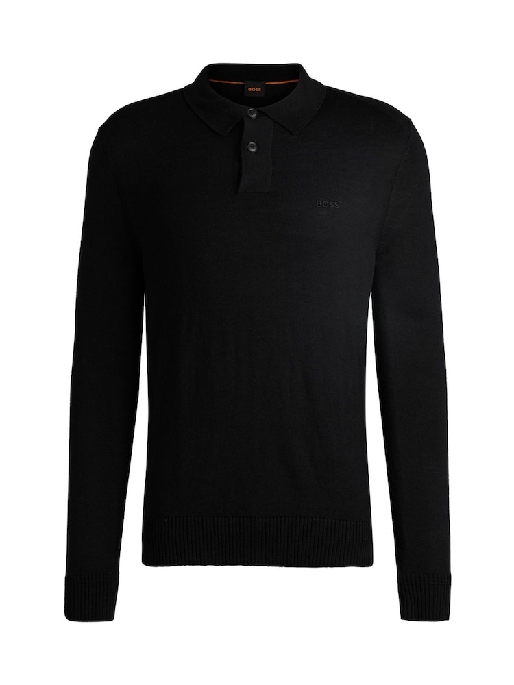 BOSS Black Wool Blend Embroidered Logo Long Sleeve Knitted Polo Shirt - Image 6 of 6 BOSS Black Wool Blend Embroidered Logo Long Sleeve Knitted Polo Shirt - Image 6 of 6