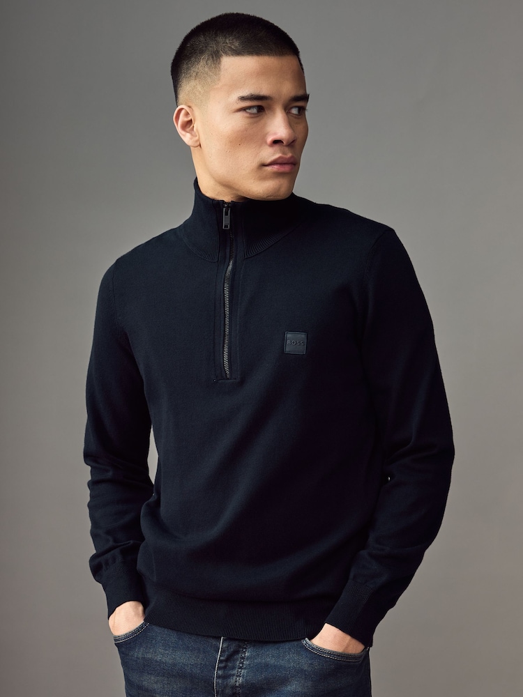 BOSS Blue Regular Fit Logo Patch Cotton Cashmere Jumper - Image 1 of 4