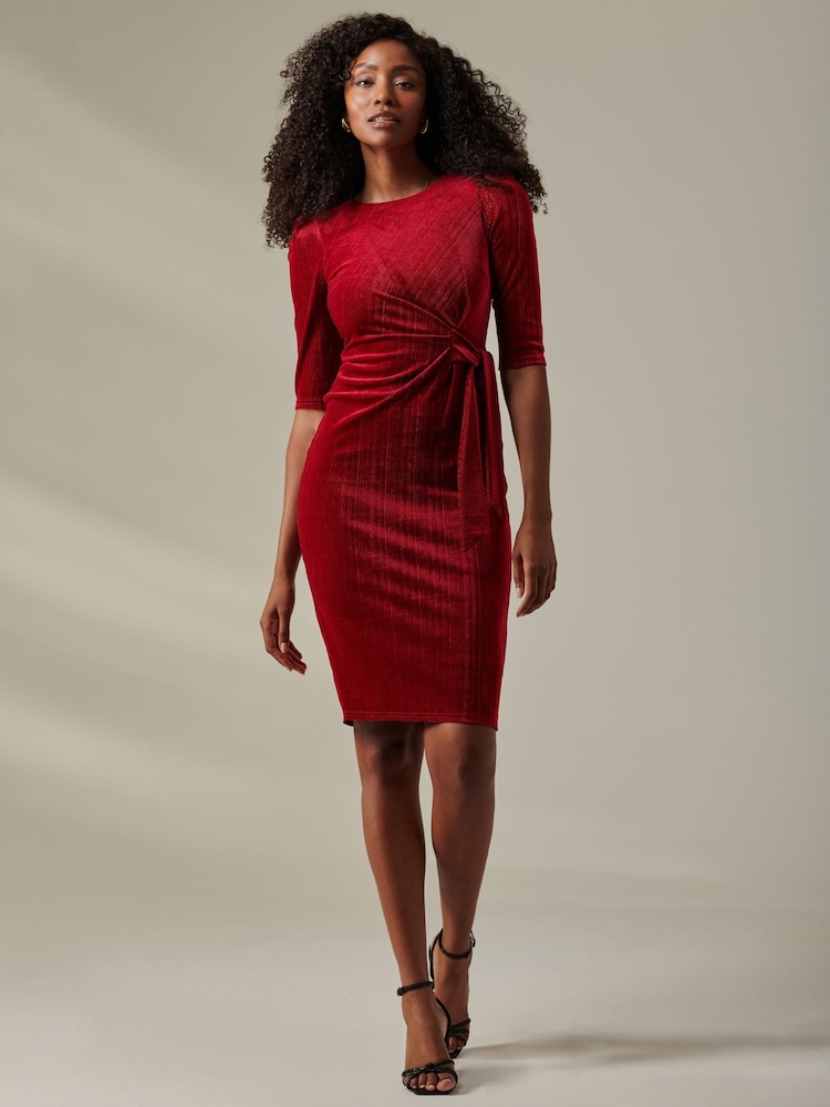 Jolie Moi Red Metallic Thread Velvet Midi Dress - Image 5 of 6
