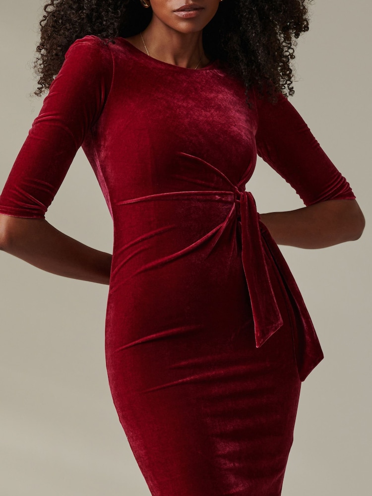 Jolie Moi Dark Red Velvet Side Tie Midi Dress - Image 3 of 6