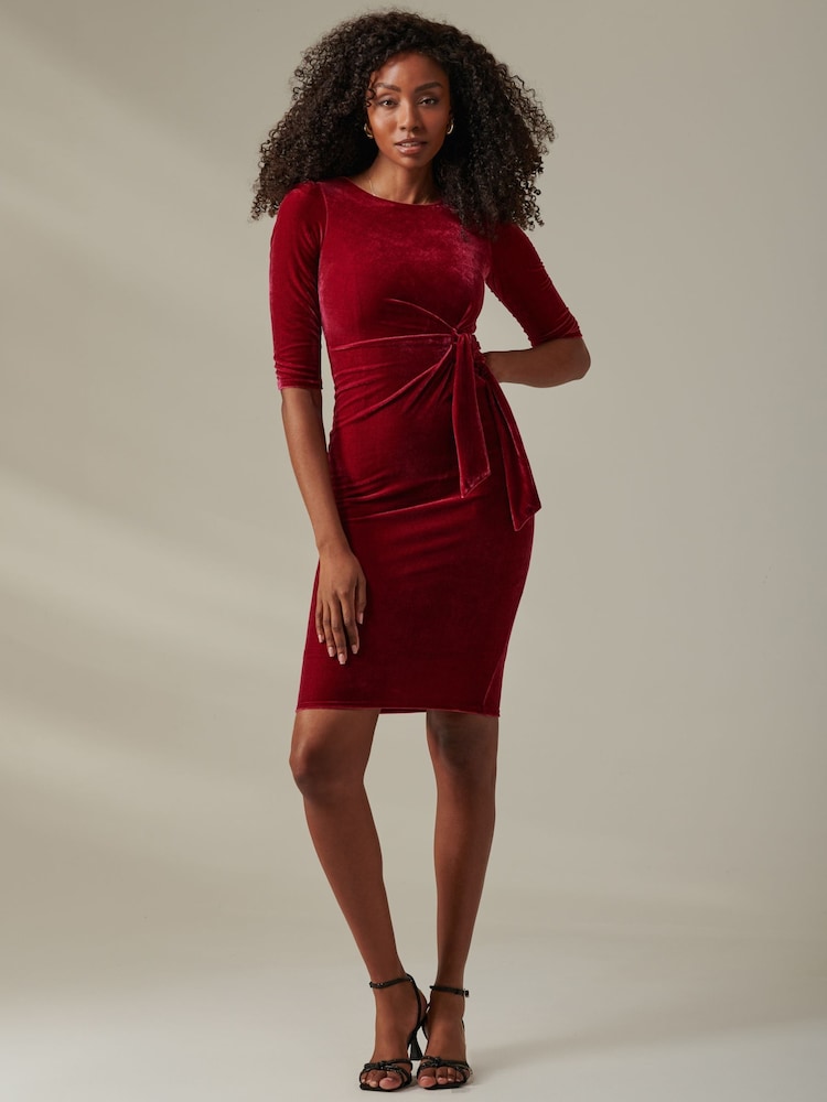 Jolie Moi Dark Red Velvet Side Tie Midi Dress - Image 5 of 6
