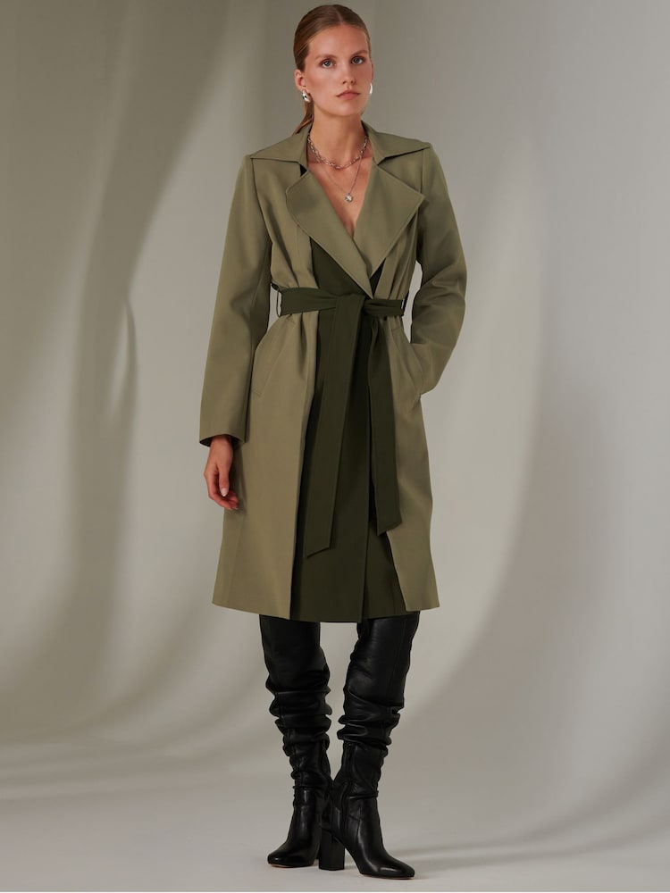 Jolie Moi Green Belted Lonline Trench Coat - Image 1 of 6