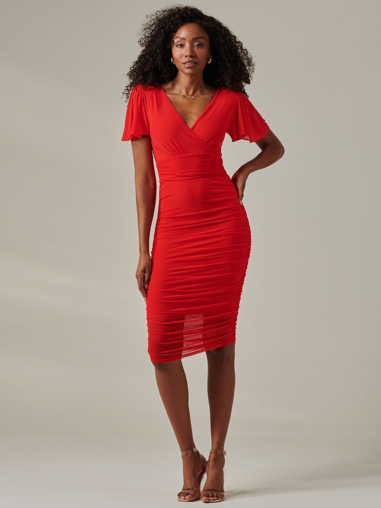 Jolie Moi Red Plain Angel Sleeve Ruched Bodycon Dress - Image 1 of 6