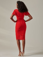 Jolie Moi Red Plain Angel Sleeve Ruched Bodycon Dress - Image 2 of 6