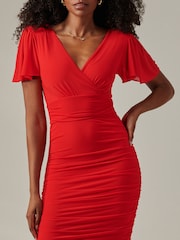 Jolie Moi Red Plain Angel Sleeve Ruched Bodycon Dress - Image 3 of 6