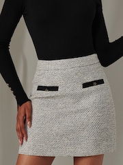 Jolie Moi Grey Tweed Front Pocket Skirt - Image 3 of 6