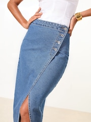Lipsy Mid Wash Blue Asymmetrical Denim Midi Skirt - Image 1 of 4