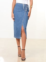 Lipsy Mid Wash Blue Asymmetrical Denim Midi Skirt - Image 3 of 4