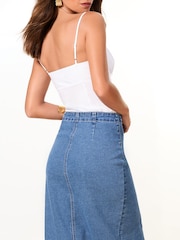 Lipsy Mid Wash Blue Asymmetrical Denim Midi Skirt - Image 4 of 4