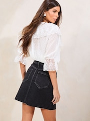 Lipsy Washed Black Denim Double Button Waistband Mini Skirt - Image 3 of 4