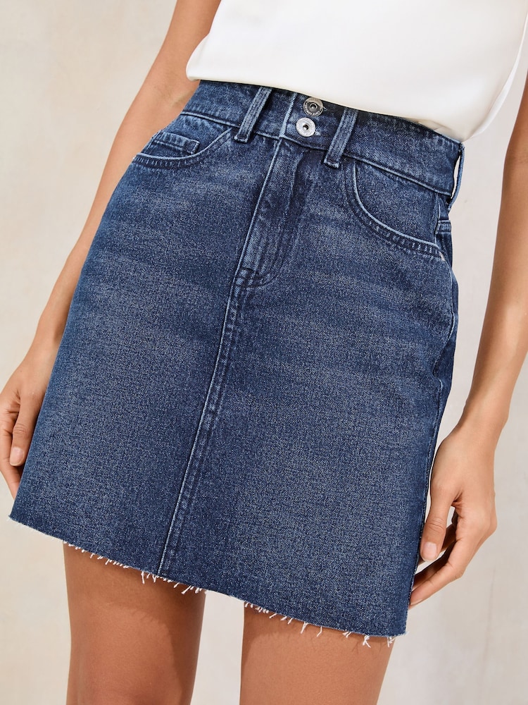 Lipsy Dark Blue Wash Denim Double Button Waistband Mini Skirt - Image 1 of 4