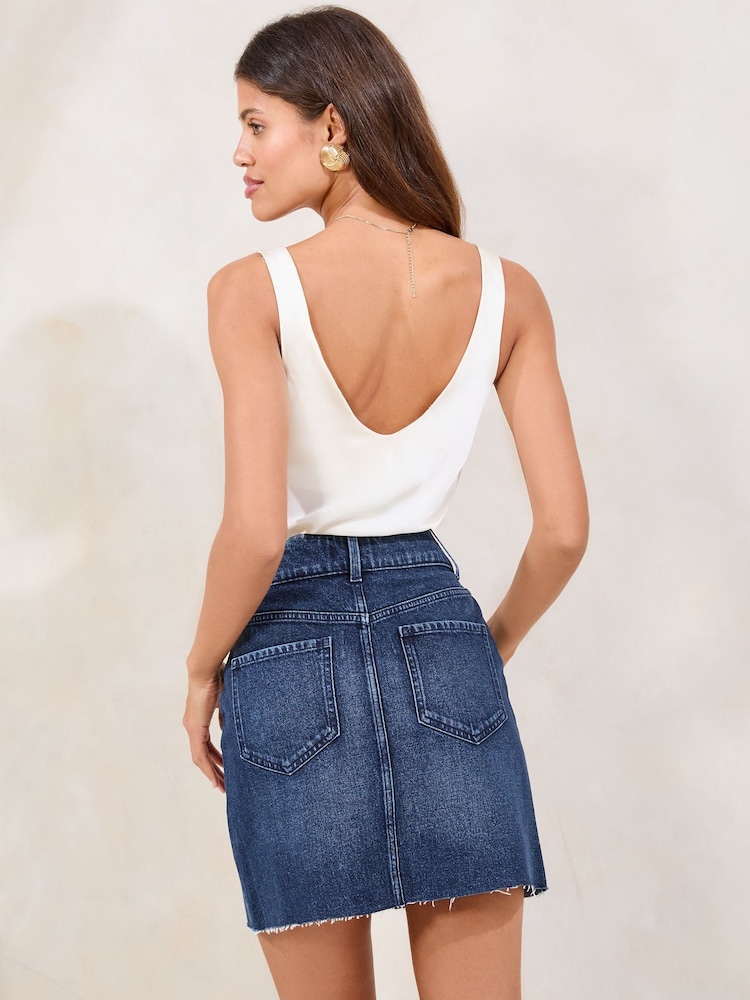 Lipsy Dark Blue Wash Denim Double Button Waistband Mini Skirt - Image 4 of 4