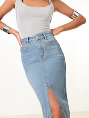 Lipsy Mid Wash Blue Embellished Denim High Rise Split Midi Skirt - Image 1 of 4