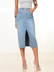 Lipsy Mid Wash Blue Embellished Denim High Rise Split Midi Skirt - Image 2 of 4