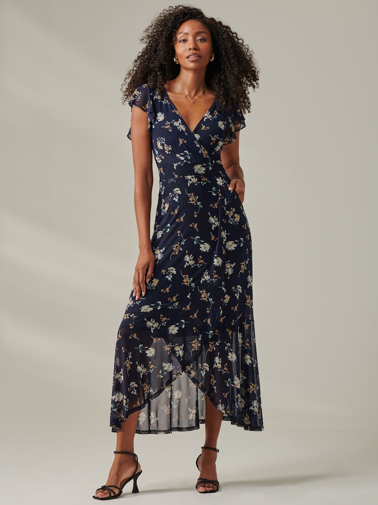 Jolie Moi Blue Heleyna Ruffle Hem Mesh Maxi Dress - Image 1 of 6